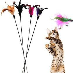 Monliyan 4 Pcs Funny Pet Cat Kitten Play Sticks Wand Rod Classic Feathers Teaser with Bell Elastic Cat Interactive Cat Toy