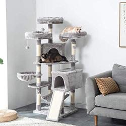 IBUYKE Cat Tree Tower Condo Cat Play Furniture with Sisal Scratching Posts Perches Houses Kitten Play House, Light Gray, UCT012021W