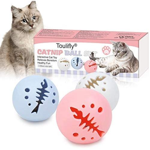 TOULIFLY Pet Cat Ball Toys, Interactive Cat Toy, Cat Toys Balls with Flash Light Ball, Catnip Ball, Interactive Kitten Exercise Bell Ball, Blue, Pink & White Complete Gift Set Party Bundle - 3 Pack