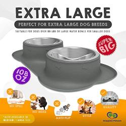 Large Dog Bowls & Mat Set - 2 Large Capacity, Removable Stainless Steel Bowl Set in a Stylish No Mess, No Spill, Non Skid, Silicone Mat. Food & Water Bowls for Medium to Large Dogs - 54oz / 108oz