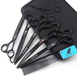 Freelander Pet Grooming Scissors Kit 8 inches Dog Grooming Set Black Used for Dog or Cat with Cutting Scissors, Thinning Shear, Curved Scissors, Grooming Comb