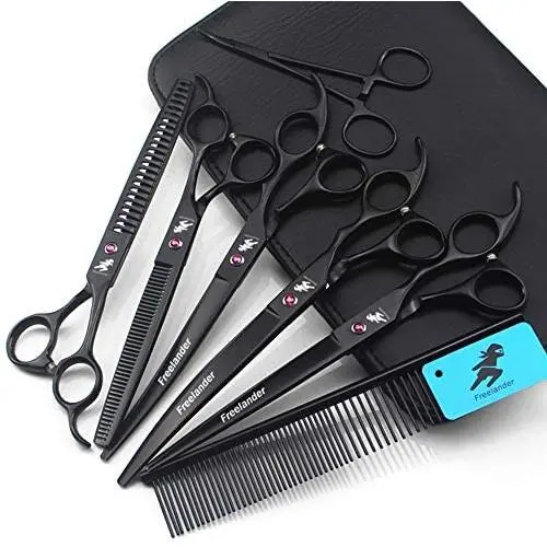 Freelander Pet Grooming Scissors Kit 8 inches Dog Grooming Set Black Used for Dog or Cat with Cutting Scissors, Thinning Shear, Curved Scissors, Grooming Comb Freelander Pet Grooming Scissors Kit 8 inches Dog Grooming Set Black Used for Dog or Cat with Cutting Scissors, Thinning Shear, Curved Scissors, Grooming Comb