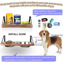 Emfogo Dog Bowls Customized Height Wall Mounted Elevated Pet Feeder with 2 Stainless Steel Dog or Cat Dishes and Storage Shelf Rustic Wood Raised Pet Bowls 15.8 in L