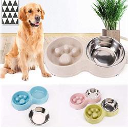 Rantow Double Dogs Bowls - Non-Slip Slow Feeder Dog Bowl Preventing Choking Fun Stainless Steel Pet Drink Water Bowl for Medium Small Dogs Cats