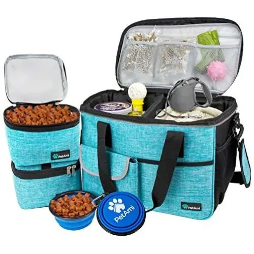 PetAmi Dog Travel Bag | Airline Approved Tote Organizer with Multi-Function Pockets, Food Container Bag and Collapsible Bowl | Perfect Weekend Pet Travel Set for Dog, Cat