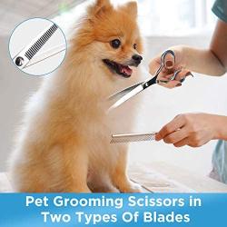 DELOMO Pet Scissors for Dogs & Cats with Safety Round Tips, 5 in 1 Pet Grooming Scissors Set, Pet Cutting Scissors Kit with Thinning, Straight, Curved Shears and Comb for Long or Short Hair Pets