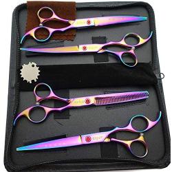 7.0in Titanium Professional Dog Grooming Scissors Set,Straight & Thinning & Curved Scissors 4pcs Set for Dog Grooming(Pink)