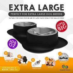 Large Dog Bowls & Mat Set - 2 Large Capacity, Removable Stainless Steel Bowl Set in a Stylish No Mess, No Spill, Non Skid, Silicone Mat. Food & Water Bowls for Medium to Large Dogs - 54oz / 108oz