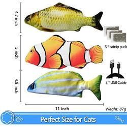 COVS 3 Pack Electric Moving Fish Catnip Cat Toy, Realistic Plush Simulation Flopping Fish Wiggle Funny Interactive Kitten Toys Kicker Pillow Chew Bite Supplies for Indoor Pets, Kitty Exercise