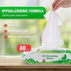 PUPTECK Pet Grooming Wipes for Dogs & Cats - 8.3''x8'' Hypoallergenic Cleaning Wipes for Ears/Eyes/Face/Butt/Paw/Body, Fragrance-Free, Earth-Friendly, 80 Counts per Pack, Multi Packs