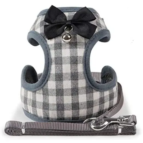 CHBORLESS Small Dog Vest Harness and Leash Set Classic Lattice Dog Harness with Bow Tie and Bell Dog Lead Leash Adjustable Vest Harness CHBORLESS Small Dog Vest Harness and Leash Set Classic Lattice Dog Harness with Bow Tie and Bell Dog Lead Leash Adjustable Vest Harness