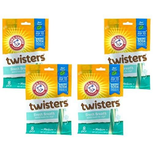 Arm & Hammer for Pets FF7614AMZ4 Twisters Dental Treats for Dogs | Dental Chews Fight Bad Breath, Plaque & Tartar Without Brushing | Mint Flavor, 8 Pcs x 4 Bags, 4 Pack