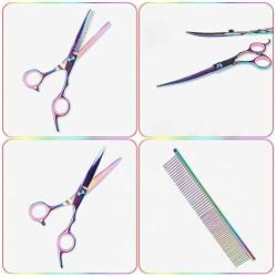 INTSUN Dog Grooming Scissors Kit , Pet Grooming Scissors for Dog Professional Pet Trimmer Kit Grooming Shears Thinning 7-inch Cutting Scissors, Thinning Shear, Curved Scissors, Grooming Comb (Rainbow)