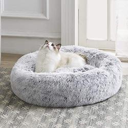 Western Home Faux Fur Dog Bed & Cat Bed, Original Calming Dog Bed for Small Medium Large Pets, Anti Anxiety Donut Cuddler Round Warm Washable Cat Bed for Indoor Cats(27'', Light Grey)