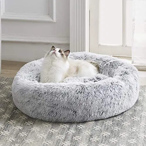 Western Home Faux Fur Dog Bed & Cat Bed, Original Calming Dog Bed for Small Medium Large Pets, Anti Anxiety Donut Cuddler Round Warm Washable Cat Bed for Indoor Cats(27'', Light Grey)
