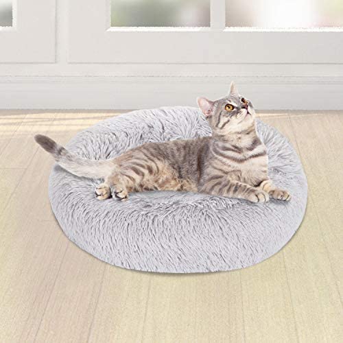 Bathonly Calming Anti-Anxiety Pet Bed Pillow Bed Faux Fur Cuddler Donut Bed for Small Dogs and Cats up to 15 pounds,Light Grey 19.7