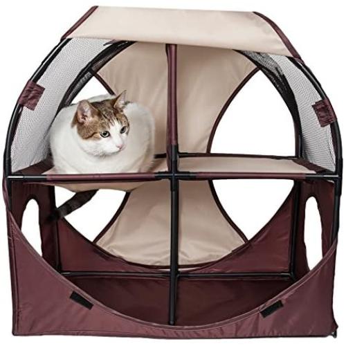 PET LIFE Kitty-Play Collapsible Travel Interactive Kitty Cat Tree Maze House Lounger Tunnel Lounge, One Size, Brown and Khaki