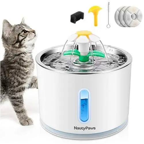 NautyPaws Cat Water Fountain Stainless Steel, Automatic Dog Water Dispenser 81oz/2.4L Pet Fountain with 3 Replacement Filters, Water Level Window with LED Light