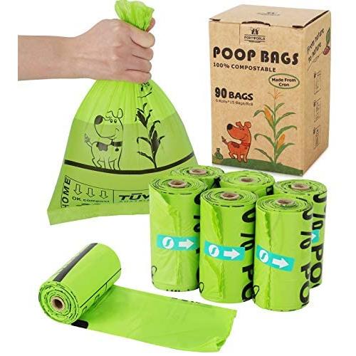 Compostable Dog Poop Bags - 90 Count, 6 Refill Rolls | Vegetable-Based Eco-Friendly Dog Waste Bags for Dogs and Cat