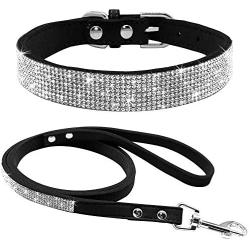 haoyueer Cute Dazzling Sparkling Elegant Fancy Soft Suede Leather Bling Rhinestone Crystal Jeweled Pet Cat Dog Puppy Collar Dog Leash Combo Set