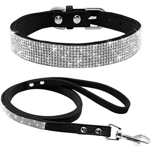 haoyueer Cute Dazzling Sparkling Elegant Fancy Soft Suede Leather Bling Rhinestone Crystal Jeweled Pet Cat Dog Puppy Collar Dog Leash Combo Set haoyueer Cute Dazzling Sparkling Elegant Fancy Soft Suede Leather Bling Rhinestone Crystal Jeweled Pet Cat Dog Puppy Collar Dog Leash Combo Set
