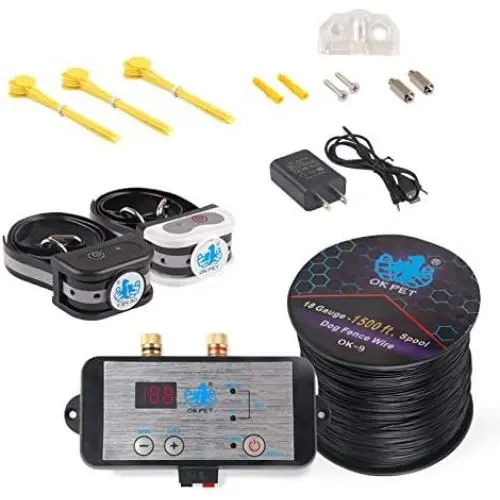OKPET Wired Electronic Pet Dog Fence System, Underground Solid Copper Wire Electric Dog Fence Containment System, 1500 Feet In-Ground Fence Dog Boundary Container, Rechargeable Waterproof Collar OKPET Wired Electronic Pet Dog Fence System, Underground Solid Copper Wire Electric Dog Fence Containment System, 1500 Feet In-Ground Fence Dog Boundary Container, Rechargeable Waterproof Collar