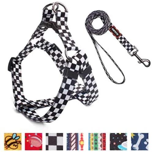 QQPETS Dog Harness Leash Set, Adjustable Vest Durable Heavy Duty Small Medium & Large Dogs Perfect for Walking Running Training Black and White Plaid Pattern