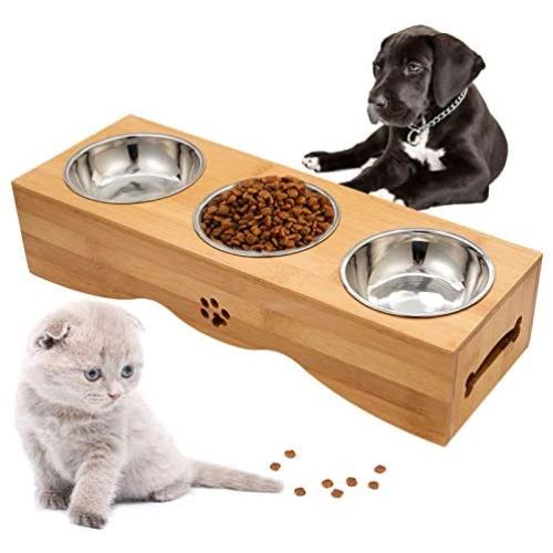 Raised Pet Bowls Elevated Pet Feeder Bowl Dog Cat Feeder Bowls Bamboo Cat Bowl Stand Holder with Stand and 3 Stainless Bowls for Small Dog Cat