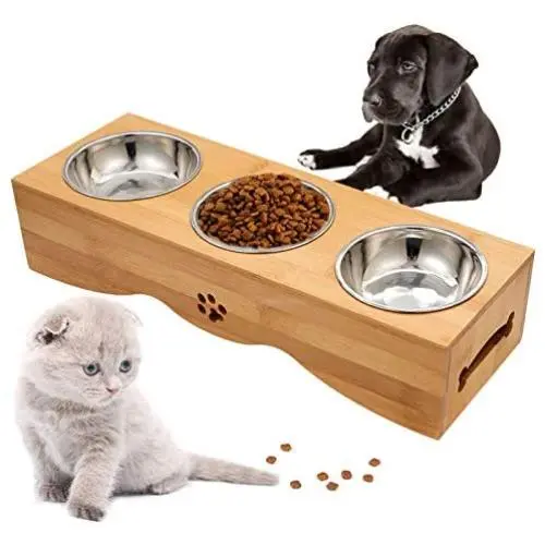 Raised Pet Bowls Elevated Pet Feeder Bowl Dog Cat Feeder Bowls Bamboo Cat Bowl Stand Holder with Stand and 3 Stainless Bowls for Small Dog Cat