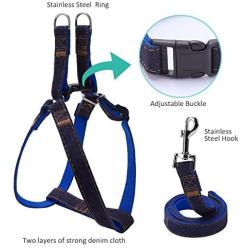 Bark Lover Dog Harness Leash and Collar Matching Sets for Small Puppy Medium Large Dogs Pets, Heavy Duty Nylon with Denim Design, Perfect Accessories for Walking Training Your Dog