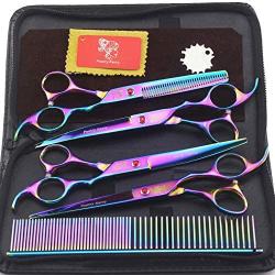 Poetry Kerry Pet Grooming Scissors Kit Dog Hair Care Shears 7 Inch Multicolor 1 Cutting Scissors 1 Thinning Shear 2 Curved Scissors and Grooming Comb