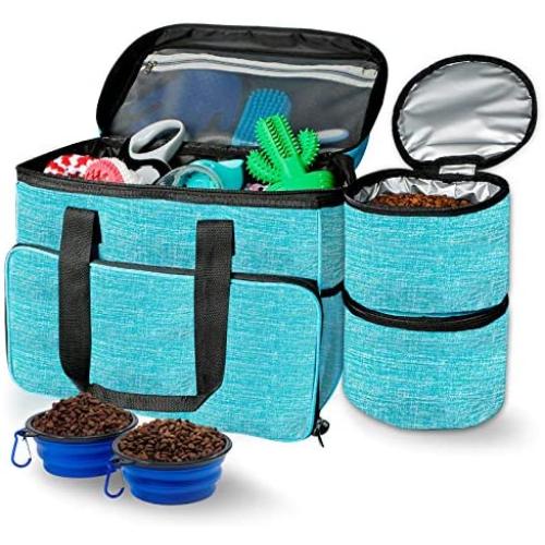 Breeze Touch Dog Travel Bag - Airline Approved Travel Set for Dogs Stores All Your Dog Accessories - Includes Travel Bag, 2X Food Storage Containers and 2X Collapsible Dog Bowls