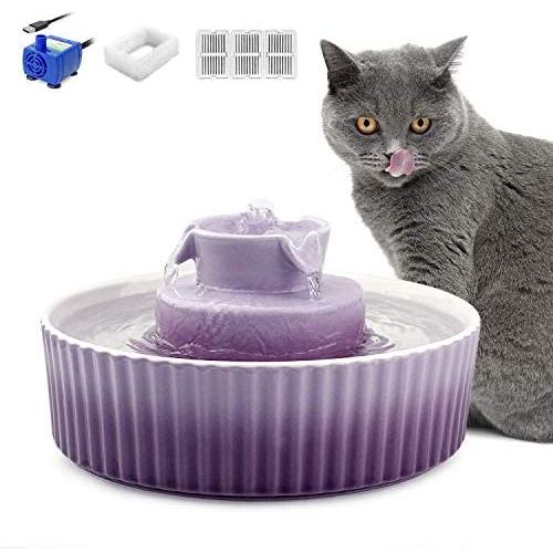 NautyPaws Cat Water Dispenser Ceramic, Cat Water Bowl Ceramic, 2.1L, Drinking Fountains Bowl for Cats and Dogs with Replacement Filters and Foam Purple