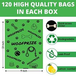 Woofprize 120 dog poop bags + dispenser with leash clip + a doggy chew toy. Strong lemon-scented, Leak-proof, eco friendly , biodegradable pet poo waste bags; 8 rolls/box, 15 poopy bags/roll, each doggie bag is 13 x 9 inch