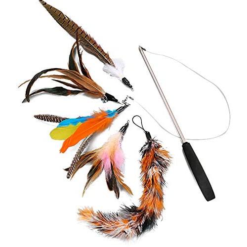 Apofly 5PCS Funny Cat Rod Set Kitten Toys, Cat Fishing Rod Toys Pet Cat Toy Fishing Rod Telescopic Feather Funny Cat Rod Replacement Head Five
