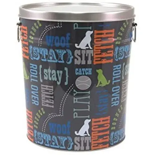 Paw Prints 37581 15 lb. Tin Pet Food Container, Wordplay Design, 12”H x 10.25” W x 10.25” L, Word Design Paw Prints 37581 15 lb. Tin Pet Food Container, Wordplay Design, 12”H x 10.25” W x 10.25” L, Word Design