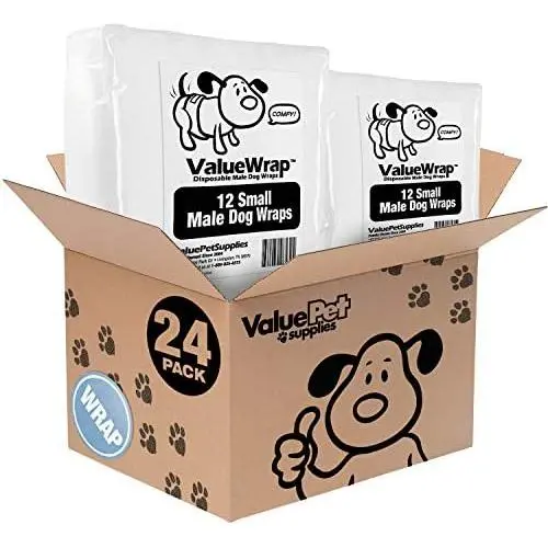ValueWrap Disposable Male Dog Diapers, 2-Tabs Small, 24 Count - Male Wraps, Snag-Free Fastener, Leak Protection, Wetness Indicator
