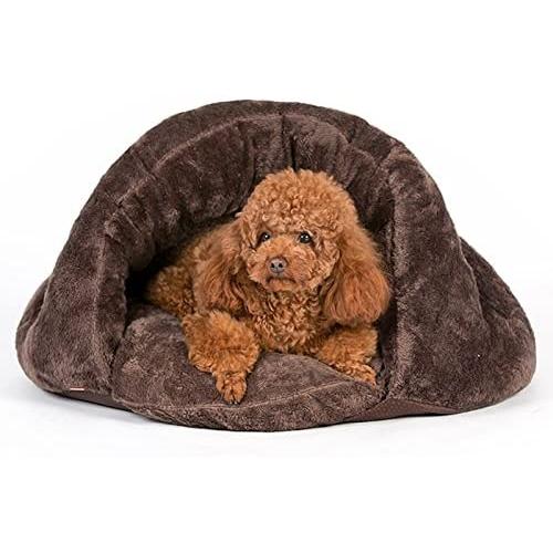 PLS Birdsong The Original Cuddle Pouch Pet Bed (Small), Dog Cave, Covered Hooded Pet Bed, Cosy, for Burrower Cats and Dogs, Brown