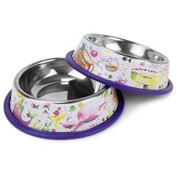 Weebo Pets 3-in-1 Cat Food & Water Bowls with Mat Set - Cat Tales: The Regulars Premium 4 oz. Stainless Steel Dishes with Food-Grade Silicone Feeding/Litter Box Mat