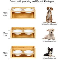 amorus Raised Pet Bowls for Cats and Dogs, Adjustable Bamboo Elevated Small Medium Dog Cat Food and Water Bowls Stand Feeder (with 2 Melamine Bowls & Stable Z-Shape Stand)