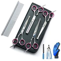 Breeze Touch Dog Grooming Scissors - Hair Thinning Shears for Dogs with Heavy Duty Stainless Steel Thinning, Straight, Curved Shears, Comb, Nail Clipper, Nail File & Grooming Glove 8 Pcs