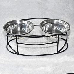 LONGSHUN Pet Feeder Wrought Iron Stand with Double Stainless Steel Bowls Double Diner Feeder with Cat/Dog Bowls