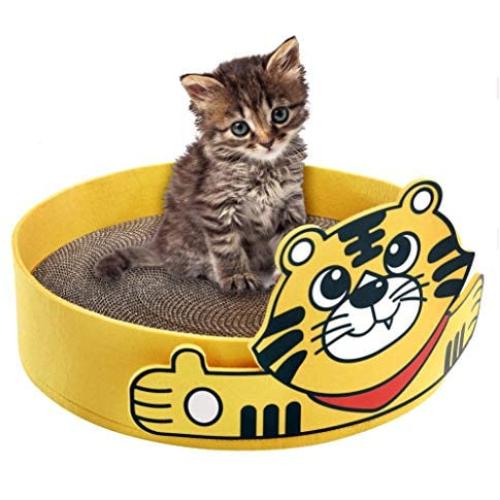 VIRTUAL UNIQUE Cartoon Cat Scratcher - Eco-Friendly - Non-Toxic - Fresh Catnip Included - Cat Scratch Pad Fits Cats - Available in Yellow or Black Colors - 16 x 16 x 4 inches