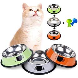 Dorakitten Cat Bowls Stainless Steel, 3PCS Cat Food and Water Bowl Set Pet Dog Bowl with 2 Food Scoops Non Slip Shallow Make Cats Feel Comfortable