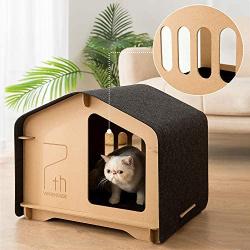 HIPIPET Cat Cardboard Scratcher House Hideaway Beds Box with 4 Replacement Cat Scratch Pad Detachable Cat Cave Bed Lounge, Cat Hut with Catnip