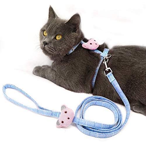 Forestpaw Cute Cat Halter Harness with Matching Leash,Escape Proof Adjustable Soft Canvas Strap and Long Leash for Cat Kitten Interaction and Outdoor Walking