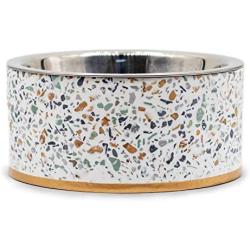 Pet Junkie Terrazzo Elevated Dog Bowl for Food and Water with Stainless Steel Washable Inner Bowl, White