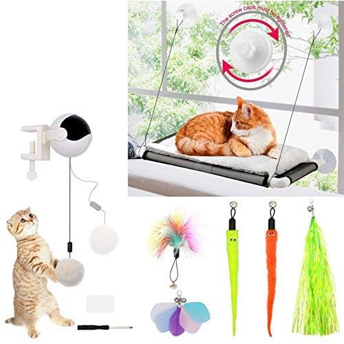 ZALALOVA Cat Window Perch Interactive Cat Toys, Cat Hammock Window Seat w/Free Fleece Blanket 2020 Latest Screw Suction Cups Automatic Lifting Cat Teaser & Teaser Ball w/ 5 Refills Cat Bed Pet Toys