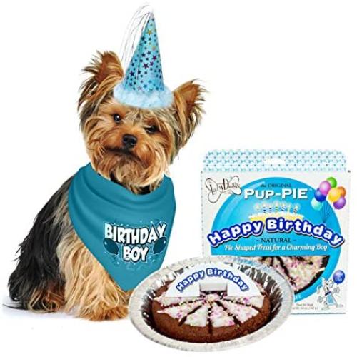 JT PET Dog Birthday Boy Party Pack with Bandana, Star Spangled Party Hat with Adjustable Elastic, Tassels and Feathery Trim, and Vegan Birthday Pie