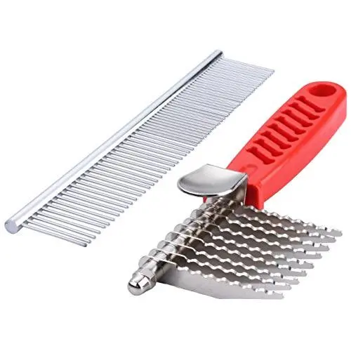 QUMY Dog Comb Pet Grooming Comb Dog Rake Comb Trimmer Stainless Steel Dog Comb for Dematting Removing Dead, Matted or Knotted Hair QUMY Dog Comb Pet Grooming Comb Dog Rake Comb Trimmer Stainless Steel Dog Comb for Dematting Removing Dead, Matted or Knotted Hair